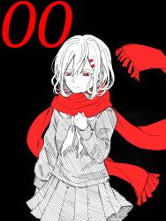 Rule 34 | alternate hair color, arm at side, black background, clenched hand, closed mouth, enpera, false smile, floating scarf, hair between eyes, hair ornament, hairclip, half-closed eyes, hand on own chest, highres, kagerou project, lonely, long hair, long sleeves, looking down, mekakucity actors, neckerchief, numbered, partially colored, pleated skirt, red eyes, red scarf, scarf, school uniform, serafuku, simple background, sketch, skirt, sleeve cuffs, smile, solo, spot color, tateyama ayano, white hair, white neckerchief, yuru