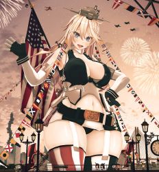 Rule 34 | 1girl, 3d, absurdres, aircraft, airplane, american flag, american flag legwear, asymmetrical legwear, atago (kancolle), balloon, bare shoulders, blonde hair, blue eyes, blush, breasts, chain, character request, cityscape, clock, cloud, commentary, curvy, custom maid 3d 2, ffkw, fingerless gloves, fireworks, flag, flag print, front-tie top, fusou (kancolle), gambier bay (kancolle), garter straps, gloves, hair between eyes, hand on own hip, headgear, highres, iowa (kancolle), kantai collection, lamppost, large breasts, long hair, looking at viewer, miniskirt, mismatched legwear, mutsu (kancolle), navel, open mouth, railing, skirt, sky, smile, star-shaped pupils, star (symbol), striped clothes, striped skirt, striped thighhighs, symbol-shaped pupils, takao (kancolle), tatsuta (kancolle), tenryuu (kancolle), thick thighs, thighhighs, thighs, vertical-striped clothes, vertical-striped skirt, vertical-striped thighhighs, waving, wide hips, yamashiro (kancolle), yamato (kancolle), z1 leberecht maass (kancolle), z3 max schultz (kancolle)