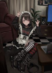 Rule 34 | 1girl, absurdres, apron, arms up, asymmetrical legwear, belt boots, black collar, black footwear, black jacket, black nails, boots, brown hair, cellphone, chair, closed mouth, collar, computer, curtains, fishnet pantyhose, fishnets, frilled apron, frills, gendou pose, gishiki (gshk), grey eyes, hair ornament, hairclip, hands clasped, headphones, hetero, highres, hood, hood down, hooded jacket, hoodie, indoors, jacket, laptop, long sleeves, looking at viewer, maid headdress, mismatched legwear, nail polish, on floor, original, own hands clasped, own hands together, pantyhose, phone, plant, profanity, red eyes, revision, sitting, smartphone, solo, speaker, striped clothes, striped pantyhose, striped thighhighs, table, television, thighhighs, white apron