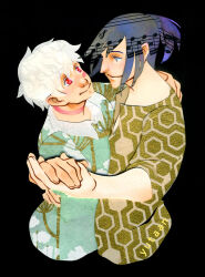 Rule 34 | 2boys, black background, blue eyes, blue hair, blue shirt, blue sleeves, blush stickers, choker, closed mouth, commentary, commission, dancing, english commentary, eye contact, face-to-face, fingernails, floral print, hand on another&#039;s shoulder, holding hands, light blush, long sleeves, looking at another, male focus, medium hair, multiple boys, musical note, nezumi (no.6), no.6, pink choker, pink eyes, shion (no.6), shirt, short hair, short ponytail, short sleeves, simple background, single blush sticker, sleeves past elbows, smile, upper body, white hair, yaoi, yellow shirt, yellow sleeves, yutaan