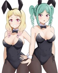 Rule 34 | 2girls, animal ears, aqua hair, arm at side, arms at sides, bare arms, bare shoulders, barkhorn0331, black bow, black bowtie, black hairband, black leotard, blonde hair, blush, bow, bowtie, braid, breasts, brown pantyhose, collarbone, commentary, covered navel, cowboy shot, detached collar, fake animal ears, gradient hair, grin, hairband, hand on own hip, highres, leotard, long hair, looking at viewer, love live!, love live! superstar!!, low twin braids, medium breasts, medium hair, multicolored hair, multiple girls, onitsuka natsumi, onitsuka tomari, pantyhose, parted bangs, parted lips, pink eyes, pink hair, playboy bunny, rabbit ears, siblings, side-by-side, side-tie leotard, sidelocks, simple background, sisters, smile, standing, strapless, strapless leotard, twin braids, twintails, two-tone hair, white background, wrist cuffs