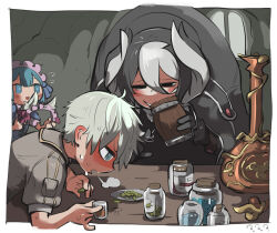 Rule 34 | 1girl, 2boys, @ @, alcohol, animal ears, black coat, black eyes, black gloves, black hair, blue eyes, blue hair, blush, border, bottle, breath, bug, coat, commentary, cup, determined, drinking glass, drunk, fake animal ears, finger twirl, furrowed brow, gloves, grey hair, grey jacket, grin, hair between eyes, half-closed eyes, holding, holding cup, holding hairband, holding snack, hunchback, index finger raised, indoors, jacket, jar, jiruo (made in abyss), leaning forward, looking ahead, looking at another, made in abyss, maid headdress, maruruk, multicolored hair, multiple boys, open mouth, outside border, ozen, pinky out, profile, short hair, short sleeves, shot glass, smile, snack, table, tankard, tirarizun, trap, two-tone hair, v-shaped eyebrows, white border, white hair, window