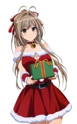 Rule 34 | 10s, 1girl, amagi brilliant park, blush, breasts, brown eyes, brown hair, christmas, cleavage, female focus, gift, large breasts, long hair, santa costume, sento isuzu, skirt, standing, thighs, white background, yellow eyes