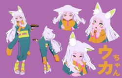 Rule 34 | 1girl, 3d, aburaage, animal ear fluff, animal ears, blender (medium), blush stickers, commentary request, crossed arms, food, fox ears, fox girl, green kimono, hands on own face, holding, holding food, holding tray, inarizushi, japanese clothes, kimono, laughing, long hair, looking at viewer, multiple views, obi, original, pout, sash, short eyebrows, simple background, smile, sushi, toeless footwear, translation request, tray, uka-chan (yasuda genshou), white hair, wide sleeves, yasuda genshou