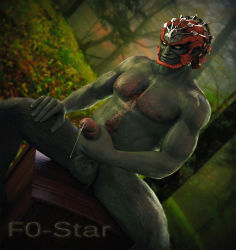 Rule 34 | 1boy, artist request, bara, body hair, colored skin, erection, ganondorf, green skin, grin, highres, looking at viewer, male focus, nintendo, nude, penis, smile, smirk, solo, source request, tagme, testicles, the legend of zelda