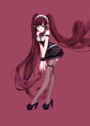 Rule 34 | 1girl, absurdly long hair, absurdres, armlet, blue eyes, blunt bangs, breasts, breasts squeezed together, brown hair, crossed legs, fingernails, full body, garter straps, gothic lolita, hairband, high heels, highres, interlocked fingers, lolita fashion, lolita hairband, long hair, medium breasts, nail polish, narrow waist, original, pink background, platform footwear, platform heels, pointy ears, purple background, q9q, see-through, see-through legwear, sharp fingernails, simple background, solo, standing, striped clothes, striped thighhighs, thighhighs, twintails, v arms, vertical-striped clothes, vertical-striped thighhighs, very long hair, wrist cuffs