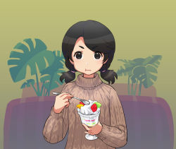 1girl black_eyes black_hair eating fujisawa_takashi holding original parfait ribbed_sweater solo spoon sweater turtleneck turtleneck_sweater twintails upper_body