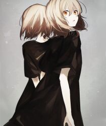 Rule 34 | 2girls, black dress, blonde hair, commentary request, dress, facing away, grey background, hair between eyes, looking at viewer, looking back, medium hair, mochiosamu ron, multiple girls, open mouth, original, pale skin, simple background, wide sleeves, yellow eyes