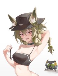 Rule 34 | 1girl, :d, animal ear fluff, animal ears, arknights, arm up, armpits, ass, bandeau, bare shoulders, beanstalk (arknights), beanstalk (elite ii) (arknights), black choker, black hat, black panties, camisole, choker, commentary request, ears through headwear, fedora, grey hair, hair between eyes, hat, highres, ling huanxiang, long hair, looking at viewer, midriff, open mouth, panties, partial commentary, red eyes, simple background, smile, solo, spaghetti strap, strap pull, underwear, unworn panties, upper body, white background