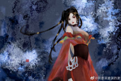 Rule 34 | 1girl, black hair, chi lian (qin shi ming yue), closed mouth, earrings, eye mask, from side, hair ornament, highres, jacket, jewelry, long hair, long sleeves, looking to the side, ming cang ming cang ming de cang, multicolored background, qinshi mingyue, red jacket, shorts, solo, upper body