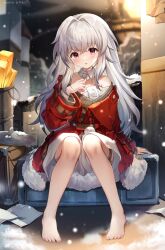 Rule 34 | 1girl, absurdres, artist name, bare shoulders, barefoot, box, clara (honkai: star rail), coat, collar, commentary request, detached collar, full body, fur-trimmed coat, fur trim, grey hair, guzangnanfeng, hair intakes, hand up, highres, honkai: star rail, honkai (series), knees together feet apart, long hair, long sleeves, looking at viewer, off-shoulder coat, off shoulder, open mouth, paper, pink eyes, red coat, shorts, sitting, snow, snowing, solo, thigh strap, white collar, white hair, white shorts