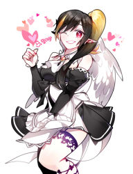 Rule 34 | 1girl, apron, bare shoulders, chuki (lydia), detached sleeves, dress, elf, elsword, gradient hair, heart, highres, maid, maid apron, multicolored hair, one eye closed, pointy ears, rena erindel, ribbon, side ponytail, smile, wings