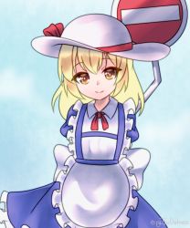Rule 34 | 1girl, apron, arms behind back, back bow, blonde hair, blue dress, bow, closed mouth, cowboy shot, dress, eirythedarkness, frilled apron, frilled dress, frills, hat, hat bow, kana anaberal, looking at viewer, medium hair, one-hour drawing challenge, puffy short sleeves, puffy sleeves, red bow, road sign, short sleeves, sign, smile, sun hat, touhou, touhou (pc-98), waist apron, white apron, white bow, white headwear, yellow eyes