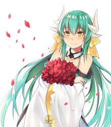 Rule 34 | 1girl, bad id, bad pixiv id, bare shoulders, bow, dragon horns, fate/grand order, fate (series), flower, hair bow, holding, holding flower, horns, japanese clothes, kimono, kiyohime (fate), kiyohime (fate/grand order), kiyohime (swimsuit lancer) (fate), kiyohime (swimsuit lancer) (first ascension) (fate), long hair, mizoredama, off shoulder, simple background, solo, twintails, white background, wide sleeves, yellow bow, yellow eyes