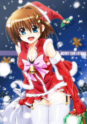 Rule 34 | 00s, 1girl, :d, bare shoulders, bell, blue eyes, blush, bow, box, breasts, brown hair, christmas, christmas tree, cleavage, elbow gloves, fingerless gloves, garter straps, gift, gift box, gingerbread man, gloves, hair ornament, hat, lyrical nanoha, mahou shoujo lyrical nanoha strikers, open mouth, red gloves, sack, san-pon, santa costume, santa hat, short hair, smile, snowing, solo, thighhighs, white thighhighs, x hair ornament, yagami hayate
