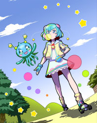 Rule 34 | alien, alternate eye color, antennae, aqua eyes, aqua gloves, aqua hair, artist name, blue eyes, blue sailor collar, blue sky, brick wall, blowing bubbles, chewing gum, circle, cloud, cloudy sky, commentary, cropped jacket, day, dress, dutch angle, fingerless gloves, foreshortening, frilled dress, frills, gloves, green hair, hagoromo lala, hair between eyes, hair ornament, hand in pocket, heart, heart hair ornament, heart print, hill, jacket, kandagawa gufu, loose socks, multicolored clothes, multicolored dress, multicolored eyes, multicolored hair, outdoors, pine tree, pink eyes, pink hair, precure, prunce (precure), roller skates, sailor collar, shadow, short hair, short sleeves, signature, skates, sky, socks, star-shaped pupils, star (symbol), star color pendant, star in eye, star twinkle precure, streaked hair, symbol-shaped pupils, symbol in eye, tree, white hair, yellow jacket, yellow legwear