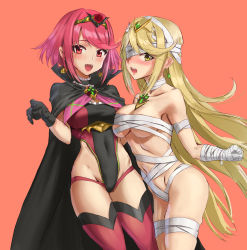 Rule 34 | 2girls, adapted costume, athenawyrm, bandage over one eye, bandaged arm, bandaged leg, bandages, black gloves, blonde hair, blush, breast press, breasts, cape, choker, cleavage, commentary, covered navel, cowboy shot, earrings, embarrassed, english commentary, fangs, from side, gloves, hairband, halloween costume, highleg, highleg leotard, highres, jewelry, large breasts, leotard, long hair, looking at viewer, multiple girls, mythra (xenoblade), naked bandage, nintendo, open mouth, pink eyes, pink hair, pyra (xenoblade), red legwear, short hair, simple background, skindentation, swept bangs, thighhighs, xenoblade chronicles (series), xenoblade chronicles 2, yellow eyes