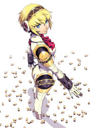Rule 34 | 1girl, aegis (persona), android, armband, ass, blonde hair, blue eyes, bow, bowtie, breasts, bullet, closed mouth, commentary, english commentary, full body, gold trim, hair between eyes, headband, headphones, highres, joints, lips, looking at viewer, looking to the side, mechanical arms, mechanical parts, medium breasts, persona, persona 3, pink lips, polarityplus, red bow, red bowtie, robot, robot ears, robot joints, shadow, short hair, signature, smile, solo, white background