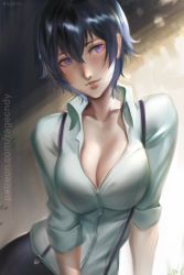 Rule 34 | 1girl, blue hair, breasts, cleavage, highres, medium breasts, persona, persona 4, purple eyes, ragecndy, shirogane naoto, shirt, sleeves rolled up, solo, suspenders, white shirt
