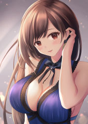 Rule 34 | black bow, black bowtie, blush, bow, bowtie, breasts, brown hair, cleavage, dress, earrings, final fantasy, final fantasy vii, final fantasy vii remake, hand in own hair, highres, jewelry, lace, lace-trimmed dress, lace trim, large breasts, lips, long hair, looking at viewer, official alternate costume, parted lips, purple dress, red eyes, sebu illust, skindentation, solo, swept bangs, tifa lockhart, tifa lockhart (refined dress), upper body, wall market