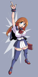 1girl blue_background blue_cape blue_eyes blue_thighhighs book breasts brown_hair cape castlevania:_portrait_of_ruin castlevania_(series) charlotte_aulin commentary english_commentary full_body head_tilt hexagram high_heels highres holding holding_book kevin_arthur large_breasts long_hair pleated_skirt pointing pointing_up shirt skirt solo thighhighs thighs v-shaped_eyebrows white_shirt zettai_ryouiki