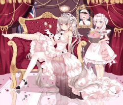 Rule 34 | 2girls, asymmetrical legwear, azur lane, bare shoulders, basket, belfast (azur lane), blunt bangs, blush, breasts, choker, cleavage, commentary request, couch, covered navel, curtains, dress, earrings, facial hair, fake wings, fishnet legwear, fishnets, flag, flower basket, flower wreath, formidable (azur lane), frilled dress, frills, full body, gloves, grey hair, hair between eyes, hair ribbon, hat, high heels, holding, holding basket, indoors, jewelry, large breasts, leg up, little bel (azur lane), long dress, long hair, looking at viewer, military hat, mismatched legwear, multiple girls, mustache, one side up, photo (object), pink hair, red eyes, reflection, ribbon, ribbon choker, sidelocks, sitting, sleeveless, sleeveless dress, smile, thighhighs, tiara, tile floor, tiles, twintails, union jack, very long hair, wedding dress, white dress, white footwear, white gloves, white legwear, white ribbon, wings, yozora (33968397)