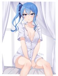 Rule 34 | 1girl, absurdres, blue eyes, blue hair, bow, breasts, closed mouth, collarbone, collared shirt, commentary, curtains, feet out of frame, hair bow, highres, hololive, hoshimachi suisei, kuroyamii, light particles, long hair, looking at viewer, no pants, partially unbuttoned, raised eyebrows, shirt, short sleeves, side ponytail, sidelocks, sitting, small breasts, solo, star (symbol), star in eye, symbol in eye, virtual youtuber, wavy hair, white shirt