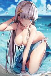 Rule 34 | 1girl, all fours, anastasia (fate), arm up, bare shoulders, beach, bikini, blue eyes, blue sky, blurry, bracelet, breasts, cleavage, cloud, collarbone, day, depth of field, detexted, earrings, fate/grand order, fate (series), hair between eyes, hair over one eye, hairband, head tilt, highres, horizon, jewelry, large breasts, long hair, looking at viewer, necklace, necomi, outdoors, parted lips, sarong, signature, silver hair, sky, solo, strap gap, swimsuit, third-party edit, very long hair, water, water drop, wet, white bikini