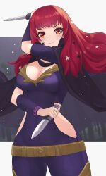 Rule 34 | 1girl, absurdres, arm up, belt, big hair, black cape, blush, bodysuit, breasts, cape, chest strap, cleavage, closed mouth, clothing cutout, cowboy shot, dagger, dual wielding, eyelashes, facial mark, fire emblem, fire emblem engage, glint, gold belt, hair ornament, high collar, highres, holding, holding dagger, holding knife, holding weapon, knife, large breasts, legs apart, long hair, looking at viewer, nintendo, orange eyes, pearlbbbb, purple bodysuit, red hair, side cutout, smile, solo, sparkle, split mouth, standing, star (symbol), star facial mark, star hair ornament, v-shaped eyebrows, weapon, yunaka (fire emblem)
