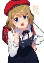 Rule 34 | 1girl, angry, backpack, bag, beret, blonde hair, blue eyes, commentary, crime prevention buzzer, dress, hand on own hip, hat, idolmaster, idolmaster million live!, idolmaster million live! theater days, index finger raised, kamille (vcx68), looking at viewer, pinafore dress, puff of air, randoseru, school uniform, short hair, sleeveless, sleeveless dress, solo, suou momoko, teeth, uniform series (idolmaster), white background