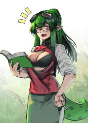 Rule 34 | 1girl, arknights, black bra, book, bra, breasts, cleavage, gavial (arknights), glasses, goggles, goggles on head, green hair, large breasts, medium breasts, open clothes, open shirt, pointy ears, solo, tail, teacher, underwear, vertutame, yellow eyes