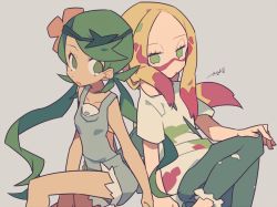 Rule 34 | 2girls, auko, back-to-back, bare arms, blonde hair, blue pants, breasts, creatures (company), dark-skinned female, dark skin, eyelashes, facepaint, flower, game freak, green eyes, grey background, grey hair, half-closed eyes, headband, long hair, mallow (pokemon), mina (pokemon), multiple girls, nintendo, no pupils, open mouth, oversized clothes, oversized shirt, pants, pink flower, pokemon, pokemon sm, shirt, short sleeves, signature, small breasts, t-shirt, trial captain, twintails, white shirt