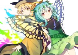 Rule 34 | 2girls, antennae, back-to-back, black hat, black shirt, blonde hair, blue hair, breasts, brown eyes, butterfly wings, closed mouth, dutch angle, eternity larva, green skirt, hair ornament, hat, insect wings, kaoling, leaf hair ornament, long hair, long sleeves, looking at viewer, looking back, matara okina, multiple girls, parted lips, red eyes, shirt, sidelocks, skirt, sleeveless, sleeveless shirt, small breasts, smile, tabard, touhou, transparent, transparent wings, white background, wide sleeves, wings
