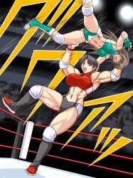 Rule 34 | 2girls, highres, midriff, multiple girls, muscular, short hair, taroimo (00120014), wrestling ring, yumiki miori