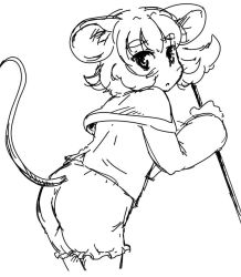 Rule 34 | 1girl, animal ears, bloomers, capelet, female focus, greyscale, leaning forward, looking at viewer, looking back, mepikari, monochrome, monochrome, mouse ears, mouse tail, nazrin, no pants, short hair, sketch, solo, tail, touhou, underwear