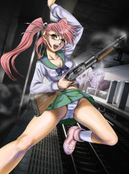 Rule 34 | 1girl, ankle boots, boots, breasts, cleavage, fat mons, glasses, gun, hair ribbon, highres, highschool of the dead, large breasts, long hair, panties, pantyshot, pink eyes, pink hair, pork (fordfairlane), ribbon, rimless eyewear, school uniform, shoes, shotgun, sneakers, socks, solo, striped clothes, striped panties, takagi saya, train station, trigger discipline, twintails, underwear, weapon, winchester model 1887