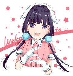 Rule 34 | ..., 1girl, black hair, black stripes, blend s, blunt bangs, buttons, choppy bangs, circle, collared shirt, commentary, cream, cream on face, cropped torso, english text, food, food on face, gloves, hair ornament, highres, long hair, looking at viewer, looking back, low twintails, open mouth, pink shirt, pom pom (clothes), pom pom hair ornament, purple eyes, sakuranomiya maika, shirt, short sleeves, single stripe, sleeve cuffs, smile, solo, star (symbol), stile uniform, striped, teeth, twintails, upper body, upper teeth only, white background, white gloves, white headwear, white shirt, yuzunobori (mrs4869)