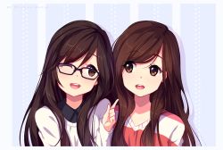 Rule 34 | 2girls, ;d, artist name, black-framed eyewear, black shirt, brown eyes, brown hair, collared shirt, glasses, head tilt, hyanna-natsu, long hair, long sleeves, looking at another, md5 mismatch, multiple girls, one eye closed, open mouth, original, pointing, resized, resolution mismatch, shirt, silhouette, smile, source smaller, striped background, striped clothes, striped shirt, swept bangs, upper body, upscaled, vertical stripes, wing collar