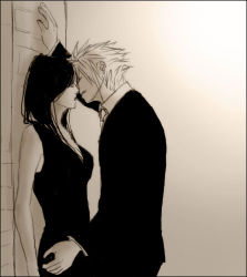 Rule 34 | 1990s (style), against wall, alternate costume, cloud strife, final fantasy, final fantasy vii, formal, imminent kiss, lowres, monochrome, sepia, suit, tifa lockhart