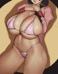 Rule 34 | 1girl, bikini, bikini under clothes, black background, black hair, breasts, cleavage, commentary, eu03, groin, hands up, hanekawa tsubasa, head out of frame, huge breasts, juliet sleeves, long hair, long sleeves, monogatari (series), navel, open clothes, open mouth, pink bikini, puffy sleeves, sketch, skindentation, smile, solo, string bikini, swimsuit, symbol-only commentary, teeth, thick thighs, thighs, underboob, unfinished, upper teeth only, veins, veiny breasts, yellow background
