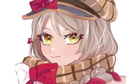 Rule 34 | 1girl, blonde hair, braid, braided ponytail, brown scarf, closed mouth, eyeliner, fire emblem, fire emblem engage, flannel, framme (fire emblem), highres, looking at viewer, makeup, nintendo, pink eyeliner, pink hair, plaid, plaid headwear, plaid scarf, ponzu irohasu, scarf, yellow eyes