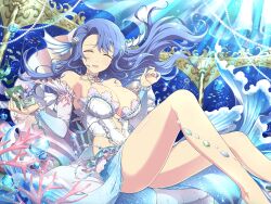 Rule 34 | 1girl, ^ ^, air bubble, animal, bare shoulders, blonde hair, blue hair, blush, bracelet, breasts, bubble, butterflyfish, cleavage, closed eyes, coral, detached sleeves, dress, fins, fish, gradient clothes, hair ornament, highres, holding, jellyfish, jewelry, large breasts, long hair, nachi (senran kagura), necklace, official art, open mouth, page number, pearl bracelet, pearl necklace, pendant, pillar, school of fish, seashell, seaweed, senran kagura, senran kagura new link, senran kagura new wave, shell, shiny skin, sitting, smile, solo, submerged, swimming, swimsuit, thighs, treasure chest, tropical fish, underwater, yaegashi nan