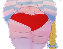 Rule 34 | 1girl, ass, ass focus, backboob, blue bow, bow, braid, breasts, butt crack, cassie (theycallhimcake), curvy, gigantic breasts, highres, huge ass, long hair, motion lines, original, red shorts, riley moore, shirt, short shorts, shorts, solo, striped clothes, striped shirt, thick thighs, thighhighs, thighs, very long hair, walking, white background, wide hips