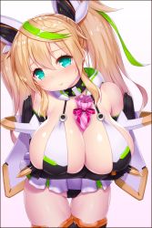 Rule 34 | 1girl, absurdres, aqua eyes, arms under breasts, asamura hiori, bare shoulders, between breasts, black gloves, black thighhighs, blonde hair, blush, breast hold, breasts, choker, cleavage, commentary request, cowboy shot, elbow gloves, gene (pso2), gloves, green hair, hair between eyes, head tilt, highres, huge breasts, large breasts, leaning forward, long hair, looking at viewer, multicolored hair, phantasy star, phantasy star online 2, shiny skin, sidelocks, smile, solo, standing, thigh gap, thighhighs, twintails