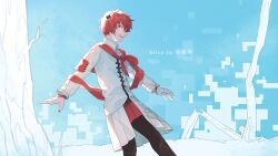 Rule 34 | 1boy, alice in reitouko (vocaloid), black jacket, collared jacket, commentary, driftwoodwolf, fukase, jacket, looking at viewer, male focus, mini flag, nail polish, open mouth, red eyes, red hair, red scarf, scarf, smile, solo, song name, teeth, tree, vocaloid, white jacket