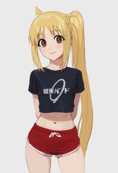 Rule 34 | 1girl, absurdres, ahoge, arms behind back, band shirt, black shirt, blonde hair, bocchi the rock!, braid, brown eyes, carlo montie, closed mouth, commentary, cowboy shot, crop top, dolphin shorts, dot nose, female focus, highres, ijichi nijika, legs apart, light blush, long hair, looking at viewer, merchandise, midriff, navel, red shorts, shirt, short sleeves, shorts, side ponytail, sidelocks, simple background, smile, solo, standing, straight-on, symbol-only commentary, tareme, very long hair, white background
