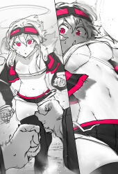 Rule 34 | 1boy, 1girl, :o, absurdres, bandaged hand, bandages, battle, black shorts, black thighhighs, breasts, clenched hands, cropped jacket, dodging, goggles, goggles on head, greyscale, highres, light blush, long bangs, looking at viewer, medium breasts, midriff, monochrome, motion blur, motion lines, navel, niwamaru (niwarhythm), niwarhythm, original, pink eyes, pink trim, pov, revealing clothes, shaded face, shiny skin, short hair, shorts, sweat, thick thighs, thighhighs, thighs, toned, torn clothes
