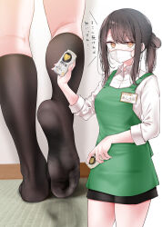 Rule 34 | 1girl, apron, black hair, breasts, brown eyes, brown socks, can, collared shirt, commentary request, cowboy shot, employee uniform, feet, fine fabric emphasis, foot focus, green apron, highres, holding, holding can, kneehighs, kneepits, long hair, looking at viewer, mask, mouth mask, multiple views, name tag, no shoes, oouso, original, partially translated, ponytail, shirt, skirt, small breasts, socks, soles, standing, surgical mask, thighs, toes, translation request, uniform, white shirt