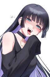 Rule 34 | 1girl, absurdres, armpit crease, black dress, black hair, blue eyes, bocchi the rock!, breasts, choker, cleavage, clothing cutout, colored inner hair, dress, ear piercing, earclip, forked tongue, hand up, head tilt, highres, long hair, looking at viewer, medium breasts, mole, mole on breast, mouth piercing, multicolored hair, open mouth, pa-san, piercing, shaded face, shoulder cutout, sidelocks, simple background, sleeves past fingers, sleeves past wrists, smile, solo, tamayume, teeth, tongue, tongue out, upper body, white background