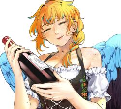 Rule 34 | 1girl, barmaid, bird wings, blue hair, blue wings, bodice, body freckles, bottle, braid, dirndl, fangs, feathered wings, freckles, german clothes, green eyes, hair over shoulder, half-closed eyes, hands up, highres, holding, holding bottle, long hair, looking at viewer, mole, mole on body, mole under mouth, multicolored hair, open mouth, orange hair, original, red pupils, rra (yj), simple background, single braid, solo, streaked hair, upper body, white background, wings